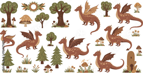 Whimsical illustration of dragons and trees in a fantasy forest landscape with various flora and fauna elements