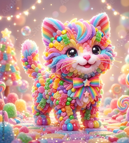 Adorable Cat Made of Colorful Candy and Gummy Bears, Sweet Fantasy World Illustration