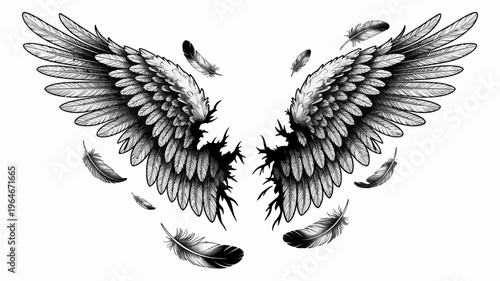 Detailed sketch of feathered wings with falling plumes a monochrome illustration