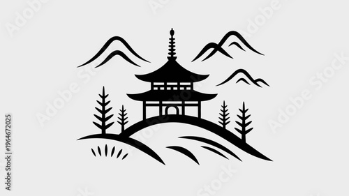 Serene landscape with a traditional asian pagoda and mountainous backdrop