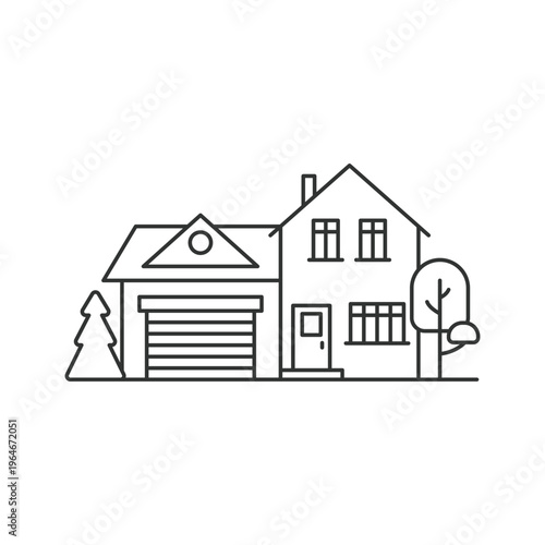 House with garage, icon in line design. house, garage, home, suburban, property, building, residence on white background vector. house with garage editable stroke icon