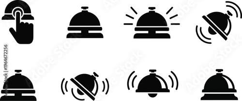 Desk bell, service bell icons for hotel reception desks or restaurant counters to signify a call for assistance. 