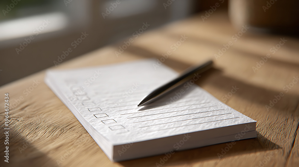 Obraz premium Close-up detail of a blank checklist notepad with a pen on a rustic wooden desk, bathed in warm sunlight, ready for task management