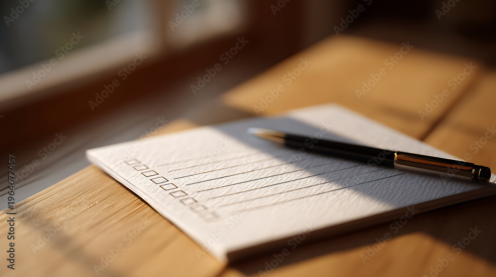 Obraz premium Sunlit Checklist with Pen on Wood Surface - Detailed View of Daily Tasks, Productivity, and Goal Setting