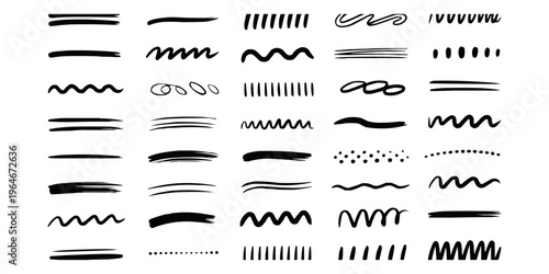Εκτύπωση καμβά Collection of varied hand-drawn black marker lines, underlines, wavy strokes, and scribble doodles for design elements and creative projects