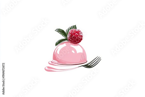 Pink glossy dome dessert topped with raspberry and green leaves, brushstroke accents, fork nearby, suitable for dessert menu visuals and patisserie marketing