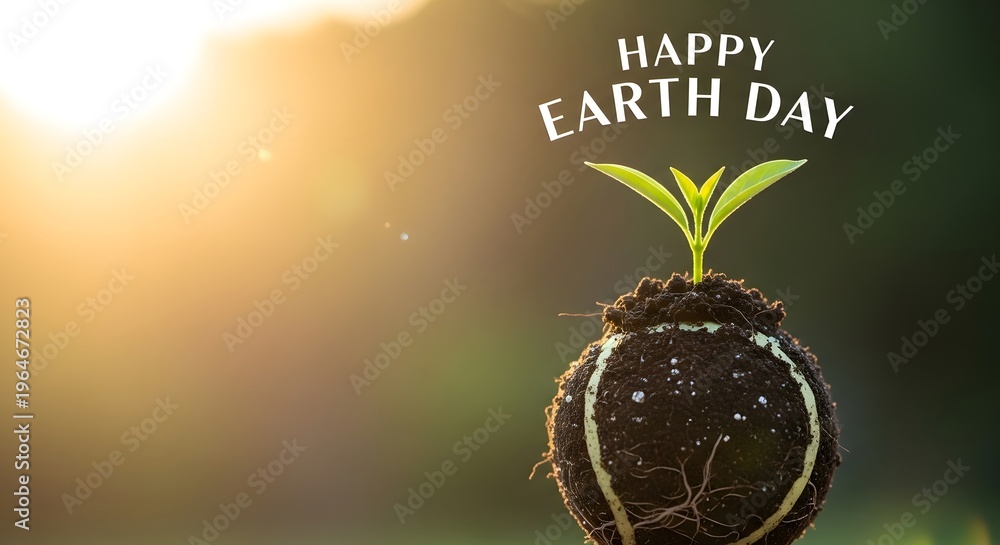 Happy earth day greeting with a small green seedling emerging from soil