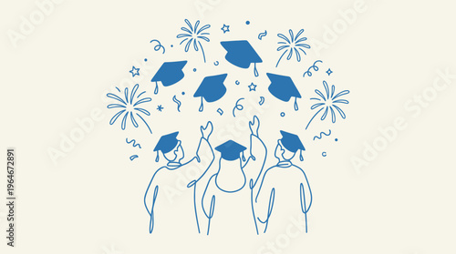 Students in graduation gowns joyfully celebrate their academic achievement, throwing their caps high into the sky.