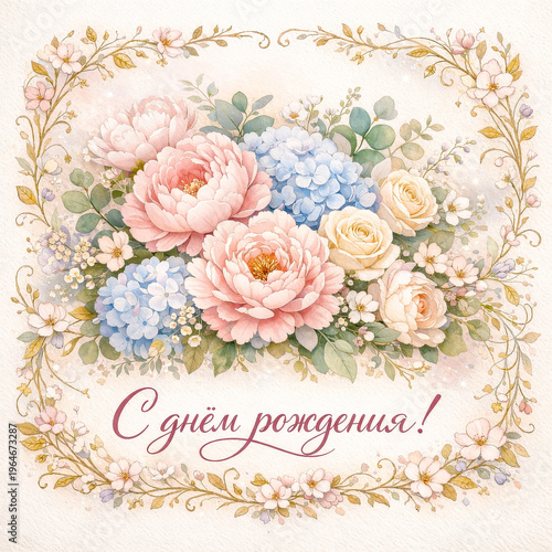 Birthday greeting card with Russian language text and peony floral frame.
