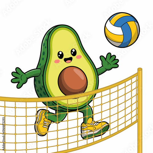 A cute cartoon avocado character is featured enthusiastically playing volleyball over a net.