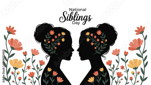 National Siblings Day illustration with sister silhouettes floral pattern love bonding relationship family celebration concept spring theme modern vector