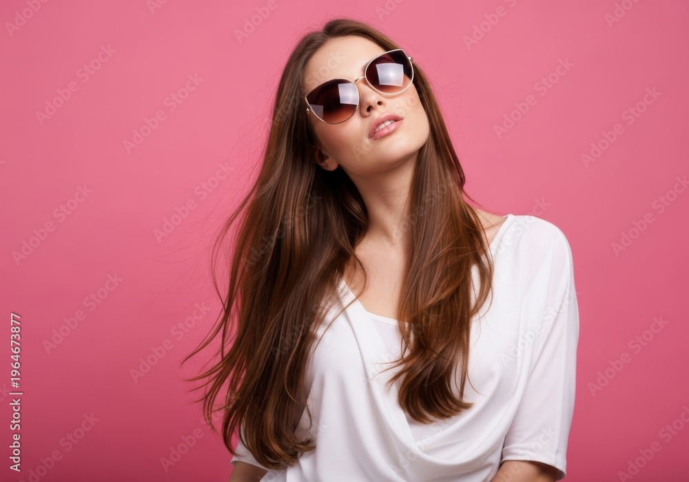 Fototapeta premium Woman with long hair wearing sunglasses and a white top against a pink background