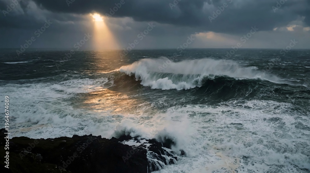 Fototapeta premium Powerful Ocean Waves Crashing on Rocky Coast Under Stormy Sky