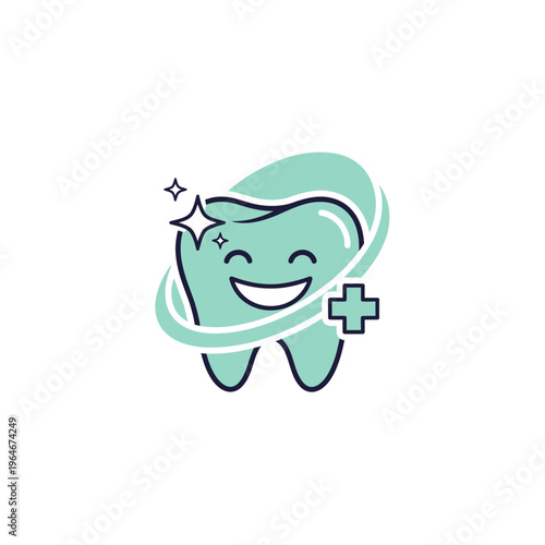 Happy tooth character with sparkle and medical cross symbol