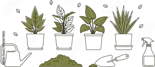 Houseplant care illustration set with potted plants, watering can, soil, shovel and spray bottle, indoor gardening concept for home decor, plant maintenance and hobby graphicsHouseplant care 