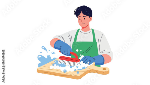Focused Cleaning: A person is meticulously scrubbing a wooden chopping board with soapy water, embodying dedication to hygiene and cleanliness. 