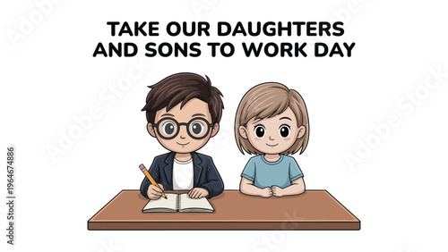 Take Our Daughters and Sons to Work Day illustration with kids office desk learning concept family career awareness education workplace modern flat vector
