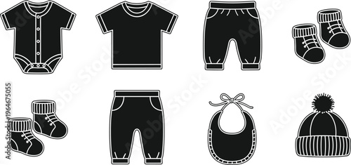 Baby clothing silhouette set with bodysuit, t shirt, pants, socks and hat, infant apparel icons collection for newborn fashion, kids wear design and retail graphic