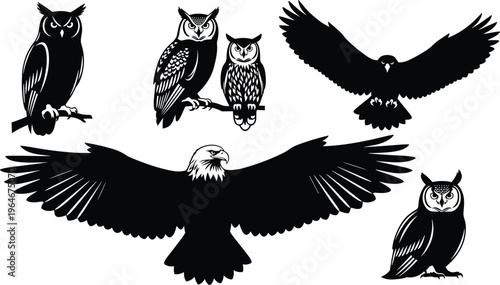 Bird of prey silhouette collection with eagles and owls, black flying and perched raptor icons set for wildlife design, tattoo art and nature graphicsBird of prey silhouette collection with eagles 