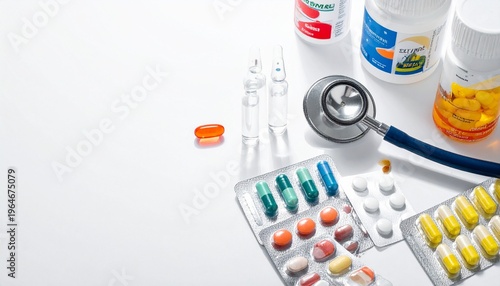 Medical items and medications flat lay