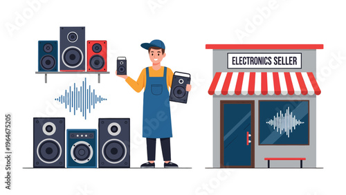 Audio Technician: Illustration of an audio technician holding different audio devices next to an electronics store with a sound wave.