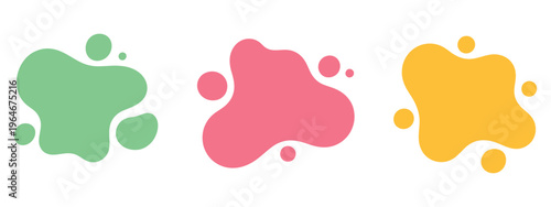 Set of three colors of flat design modern amoeba banners, contemporary abstract shapes, smooth liquid forms, vibrant color variations, modern graphic design elements