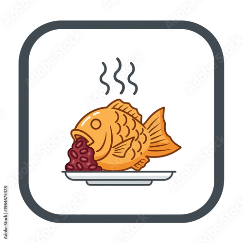 Sweet Japanese taiyaki icon a charming vector illustration of a steaming fish-shaped cake filled with rich red bean paste, ready to eat, perfect for food themes