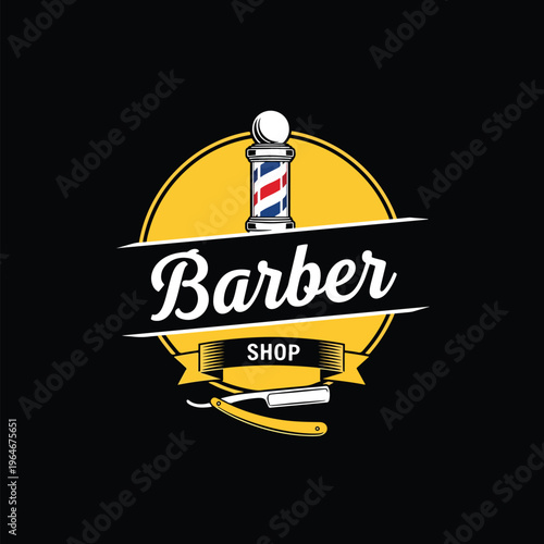 Classic Barber Shop Emblem Design with Traditional Pole and Razor for Grooming Business Branding