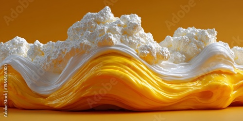 Abstract closeup of flowing orange and white cream swirls topped with white frothy clouds against warm orange backdrop for dessert branding, tropical cuisine, summer visuals