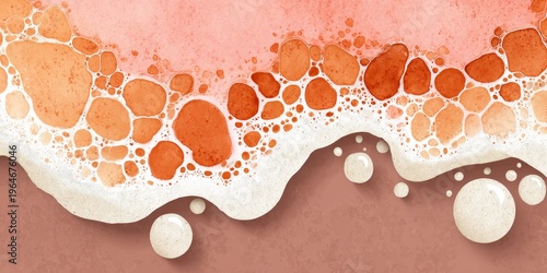Pastel gradient abstract background with orange bubbles along white foam edge over brown lower area, ideal for branding, packaging, and marketing materials