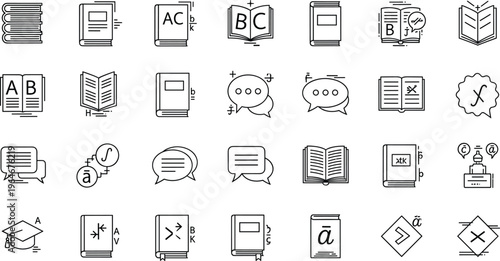 Learning and Education Tools Line Icon Set Featuring Books, Speech Bubbles, Symbols, and Academic Elements Collection