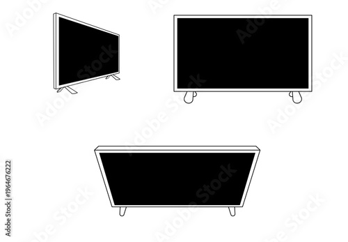Televisión led o lcd. Icono de tecnología y entretenimiento en blanco y negro. Ilustración vectorial para sitio web, folleto, app, tiendas, negocios y otros.