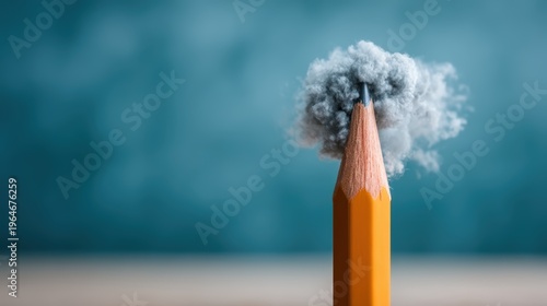 A sharpened yellow pencil with freshly shaved wood curls resembling a grayish cloud on a blurred blue background.