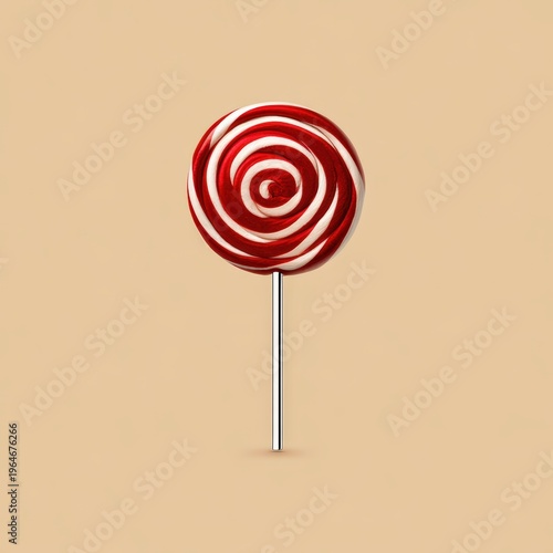 A red and white spiral lollipop on a beige background, centered and standing upright.