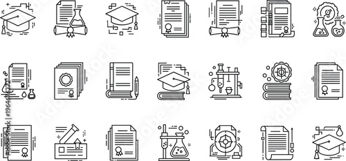 Education and Academic Achievement Line Icon Set Featuring Diplomas, Graduation Caps, Books, and Laboratory Equipment Collection