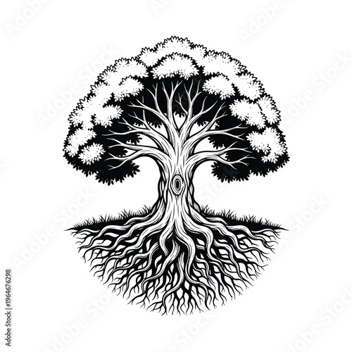 Stylized monochrome illustration of a majestic tree with deep roots, symbolizing growth and life on earth.