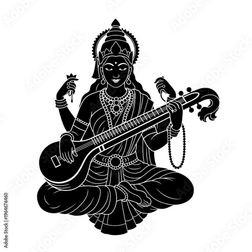 Saraswati the hindu goddess of music art and wisdom playing sitar
