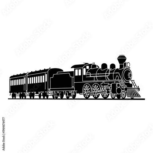 A classic black silhouette depicts a historic steam locomotive and train cars