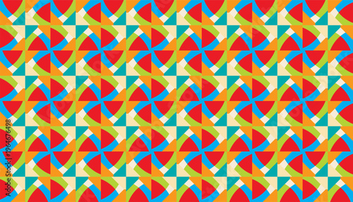 Retro pinwheel seamless geometric pattern. Abstract vector background with colorful overlapping shapes