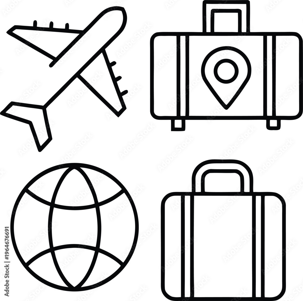Fototapeta premium World travel icon set featuring plane baggage earth globe and suitcase symbols for global tourism conceptualizing design.