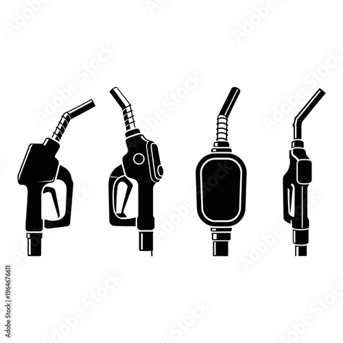Four black silhouettes of gas pump nozzles in different orientations
