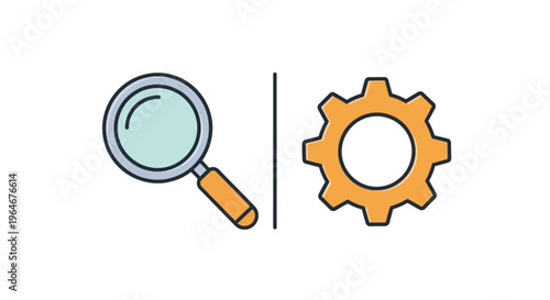 Magnifying glass and gear icons.