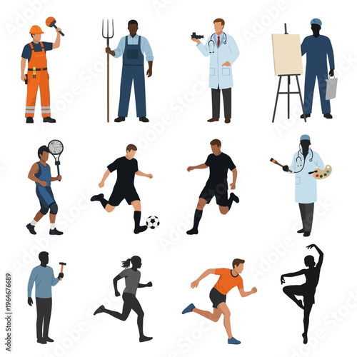 Diverse group of people representing various occupations and athletic pursuits