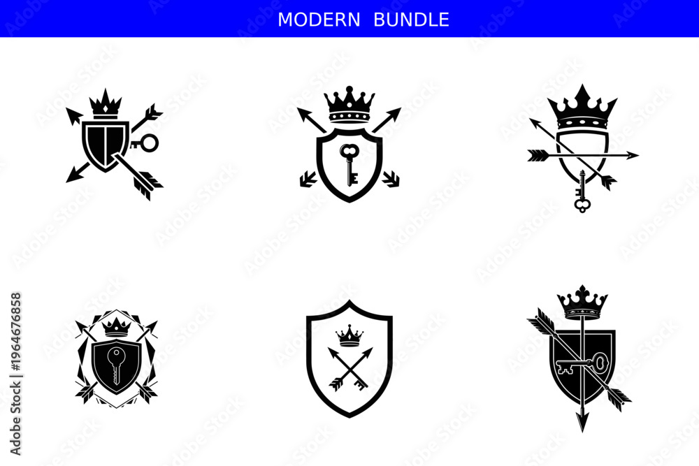 Fototapeta premium Modern bundle of shield and crown logos with arrows and keys