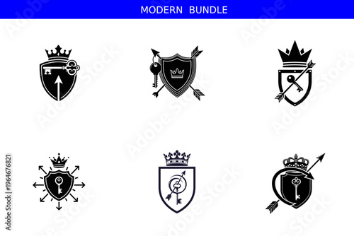 Modern bundle of shield and key logos with crowns and arrows