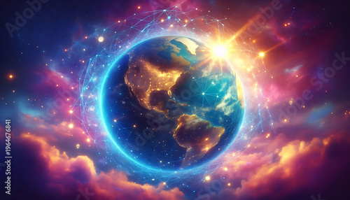 Majestic Planet Earth floating in a vibrant cosmic nebula. The globe features realist