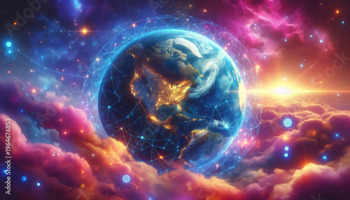 Majestic Planet Earth floating in a vibrant cosmic nebula. The globe features realist