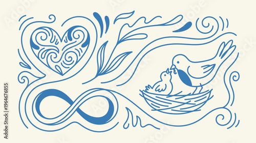 A beautiful blue line art illustration features a decorative heart, an infinity symbol, and nurturing birds in a nest.