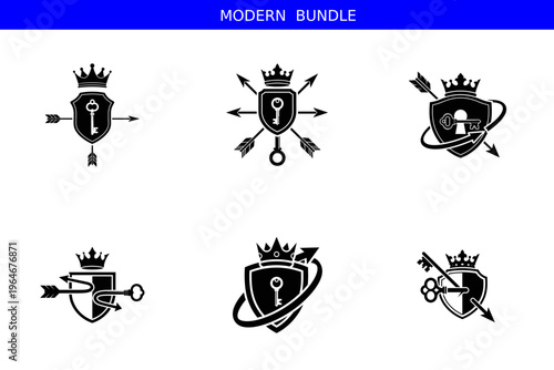 Modern bundle of shield and key logos with crowns and arrows