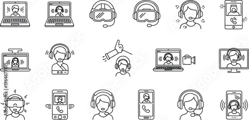 Customer Service and Communication Line Icon Set Featuring Headsets, Video Calls, Virtual Support, and Communication Devices Collection